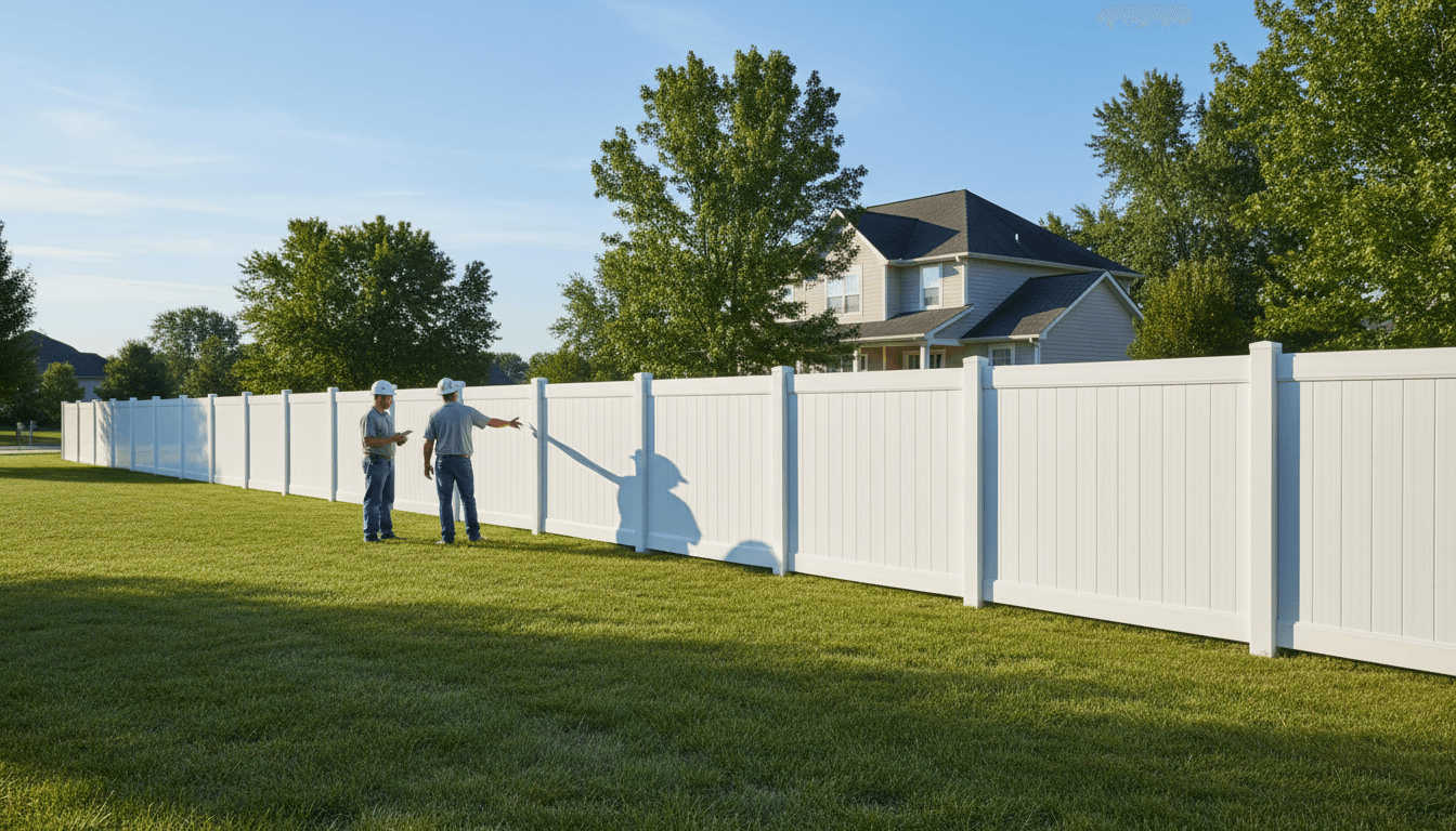 Professional fence installation team installing new vinyl fence in residential property